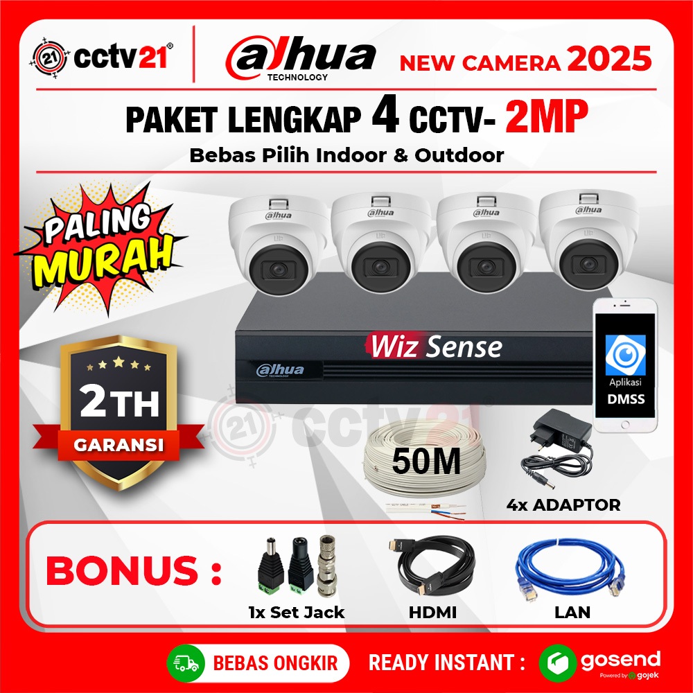 Paket 4 Kamera / Camera / Dahua 2MP +DVR 4CH +Kabel 50M Harga Khusus Installer cctv21