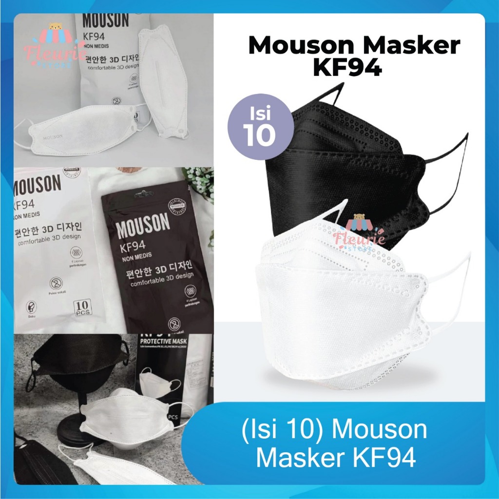 (Isi 10) Mouson Masker KF94 PUTIH HITAM Earloop 4Ply - Disposable Mask KF94