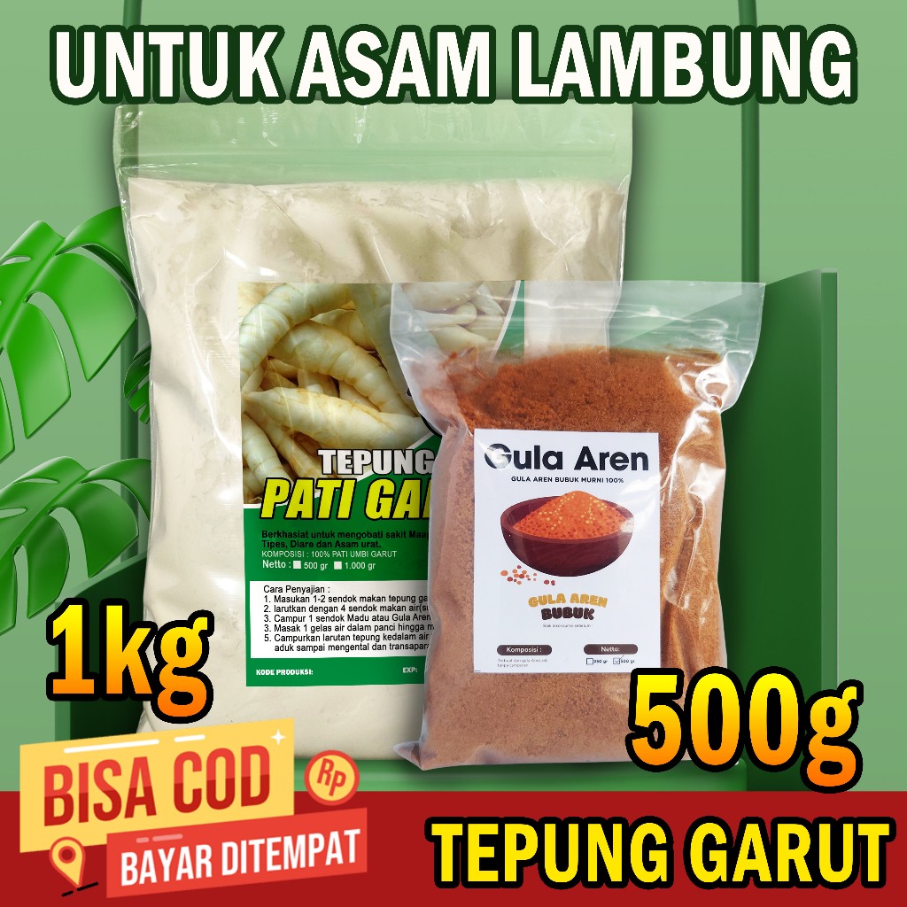 

TEPUNG GARUT 1KG + GULA AREN 500 gram BUBUK PAKET HEMAT TANPA RIBET / PATI GARUT ORGANIK