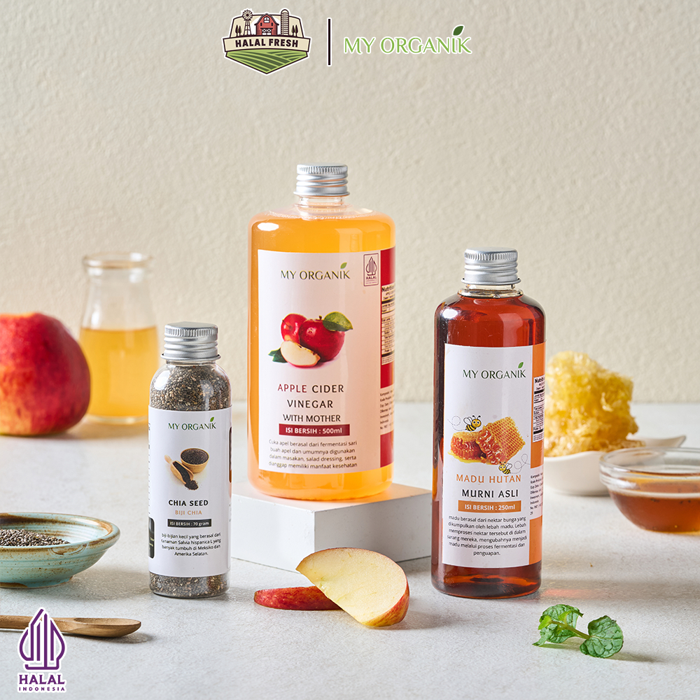 

My Organik Paket 3 in 1 Lebih Hemat Cuka Apel Apple Cider Vinegar With Mother Madu Hutan Chia Seed