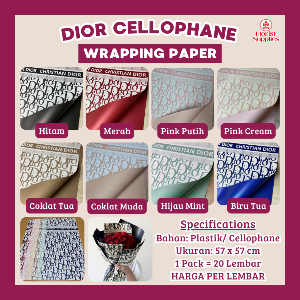 

Kertas Buket Bunga Motif Merk Dior Cellophane Flower Wrapping Paper Pembungkus Buket Bunga Branded