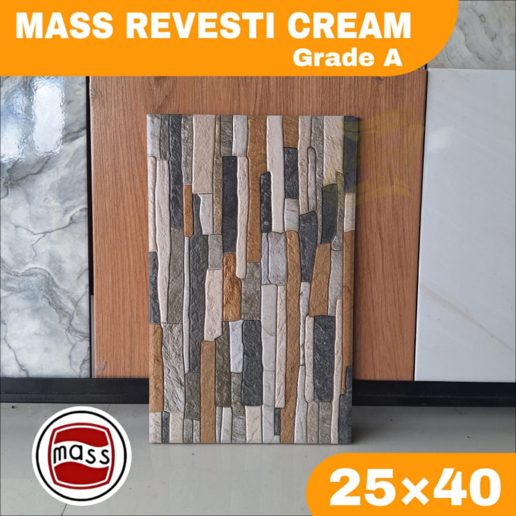 Keramik dinding murah 25×40 MASS Revesti Cream motif batu kasar keramik dinding teras, kamar mandi, 