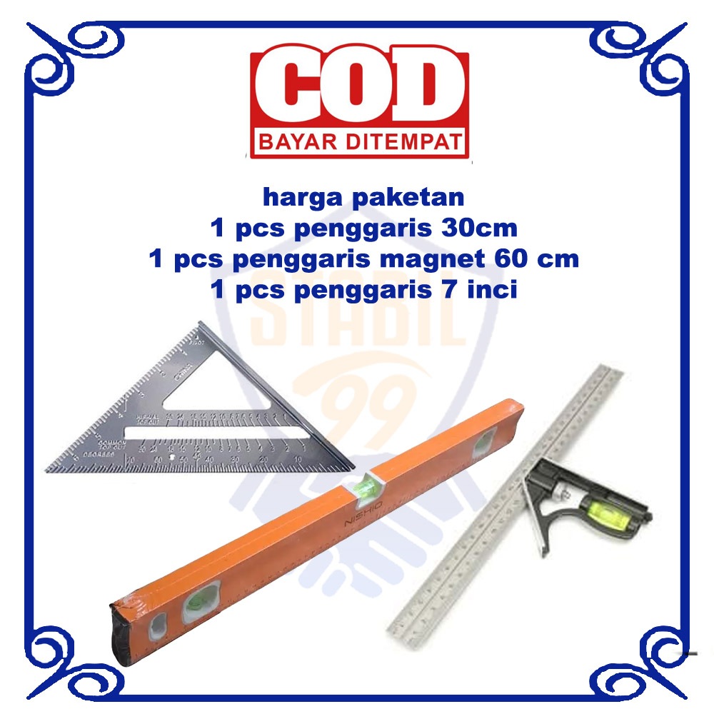 

Paket 3 pcs Penggaris Tukang Siku Mistar Multifungsi ada Waterpass Sudut Magnet Segitiga 7 Inch