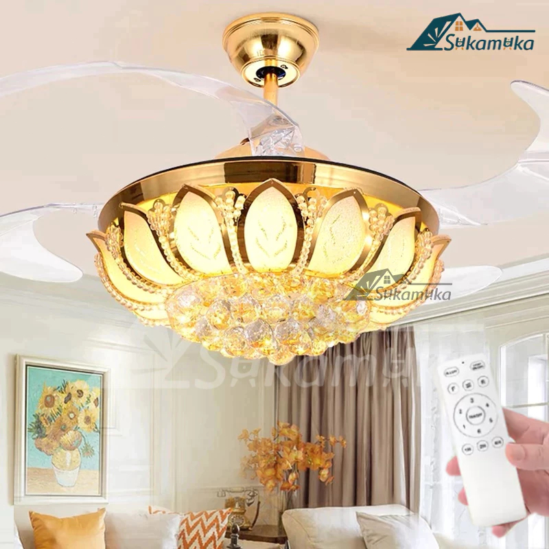 Lampu Kipas Angin Lampu Gantung Kristal Mewah LED 3 Warna Lotus Lampu Hias Ceiling Lamp Chandelier