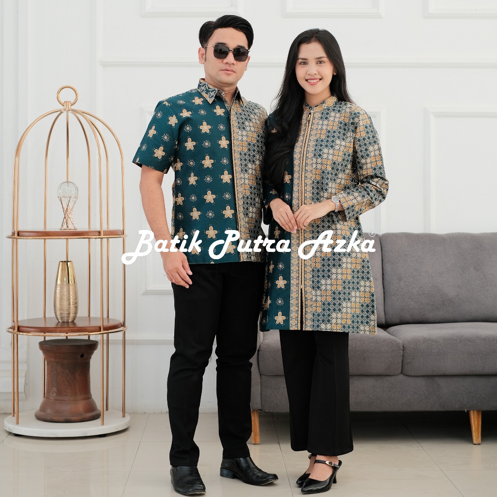Batik Azka Couple Batik Premium Kemeja Tunik Batik Modern Motif Binawa Warna Hijau Tosca