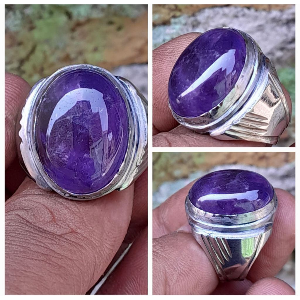 Cincin Batu Kecubung Ungu Kalimantan Natural Jumbo 20x15 mm Ring Monel Tanam