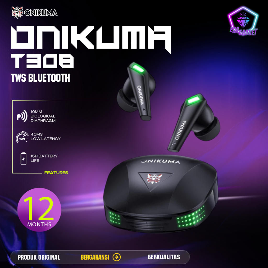 ONIKUMA T308 Headset Bluetooth TWS Gaming Earphone Kedap Suara Headphone - Black green LED Bergarans