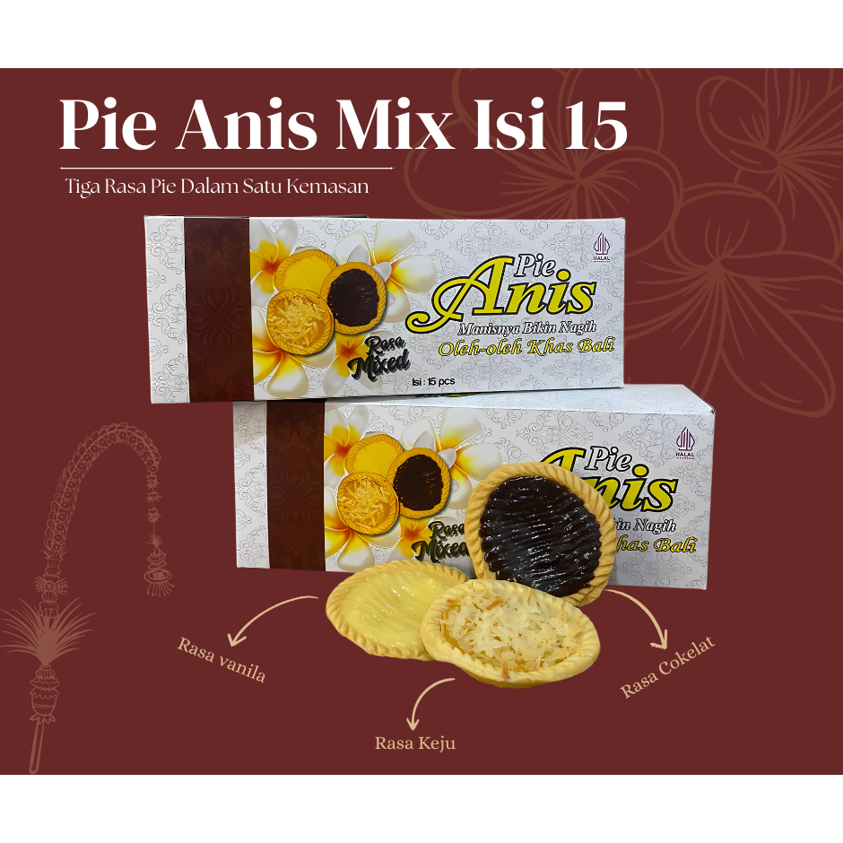 

Pie Anis Mix Isi 15 - Oleh-oleh Khas Bali / Camilan Khas Bali dengan 3 Rasa: Vanilla, Keju dan Coklat dalam Satu Kemasan