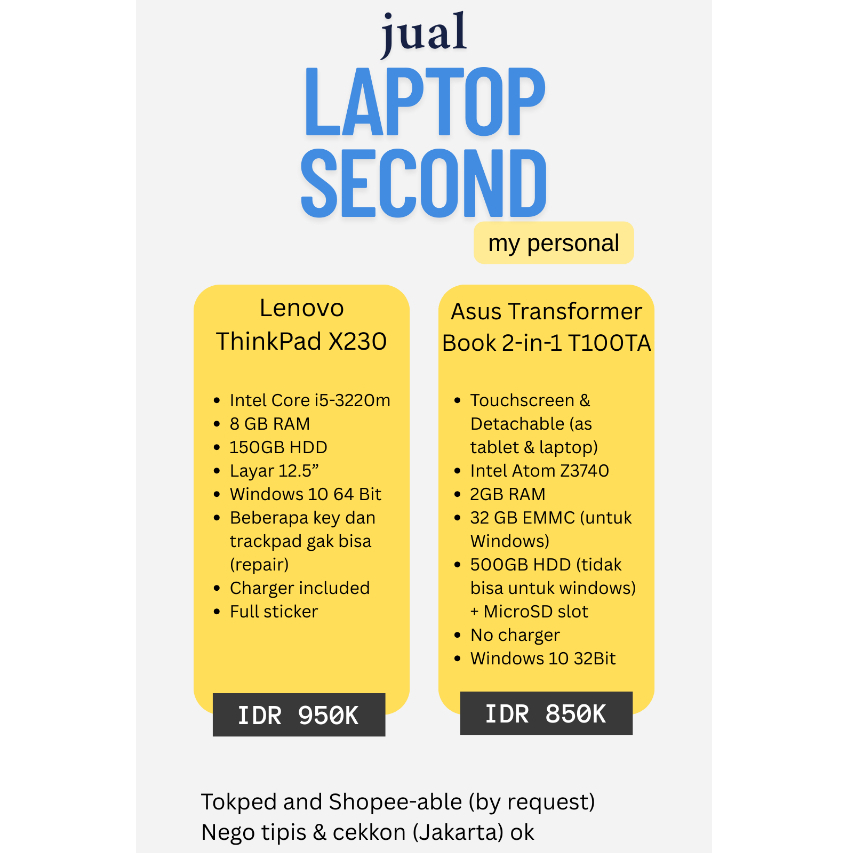 SECOND/PRELOVED - Laptop kuliah/sekolah/kerja - Lenovo Thinkpad X230 & ASUS Transformer book 2in1 T1