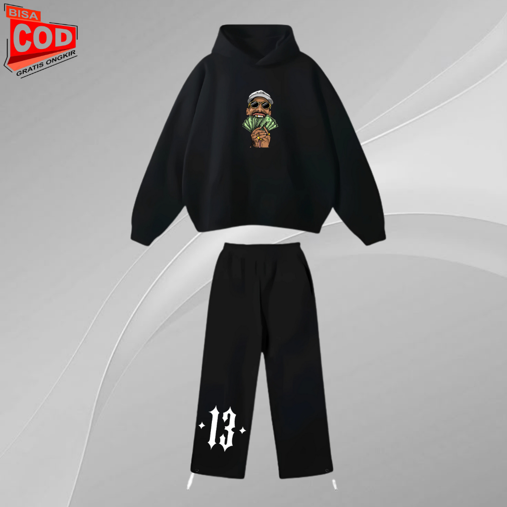 Setelan Jaket Sweater Hoodie Boxy Unisex Stolen Moon Blue - Distro Keren Celana Panjang Cargo Pria W