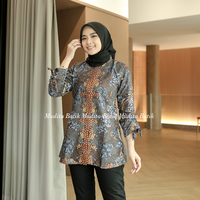 Batik Mudita Motif Gantara Batik Kerja Wanita Lengan Panjang Warna Biru Denim Premium Halus Modern