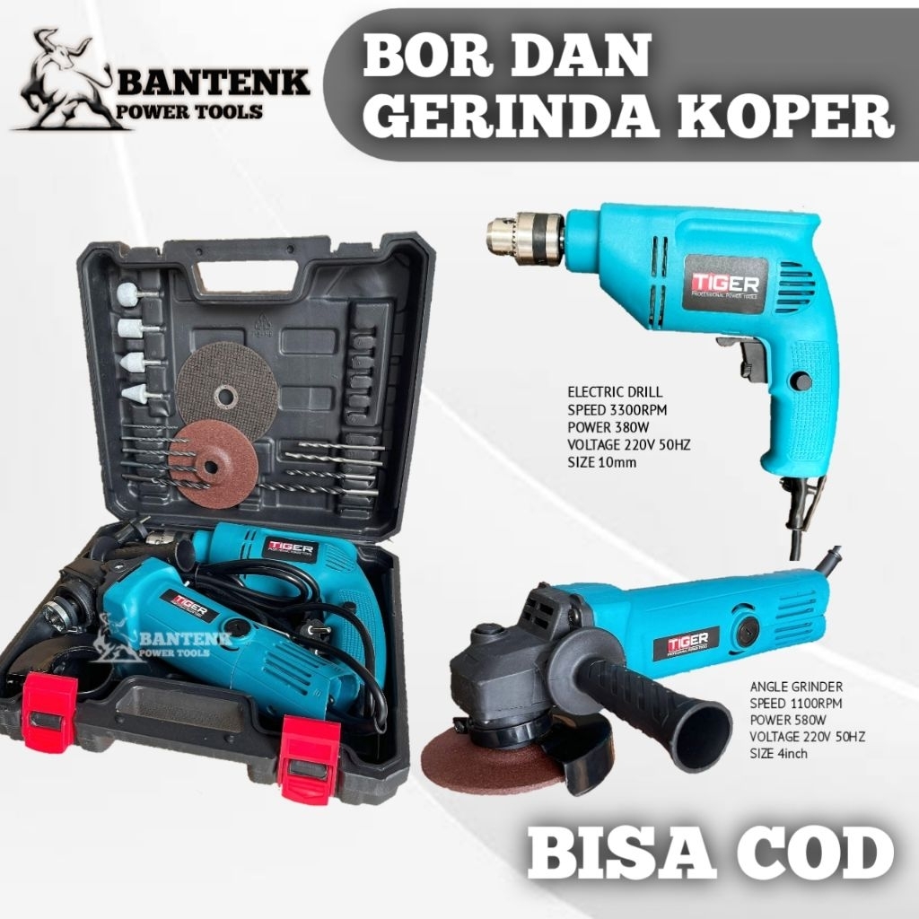 SET KOPER PAKET BOR DAN GERINDA TIGER T20 BOR LISTRIK GERINDA LISTRIK LENGKAP KOPER DAN AKSESORIS