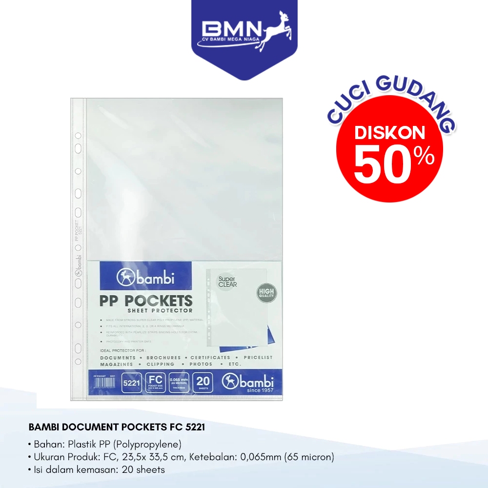 

Bambi Document Pocket Transparant Sleeve Folio Tebal 0.06 mm kode 5221 (CUCI GUDANG)