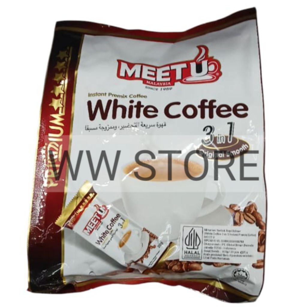 

Minuman serbuk kopi krimer instan halal MUI MEET U MALAYSIA Instant Premix White Coffee 3 in 1 Original Smooth 400g ( 20pcs x 20g)