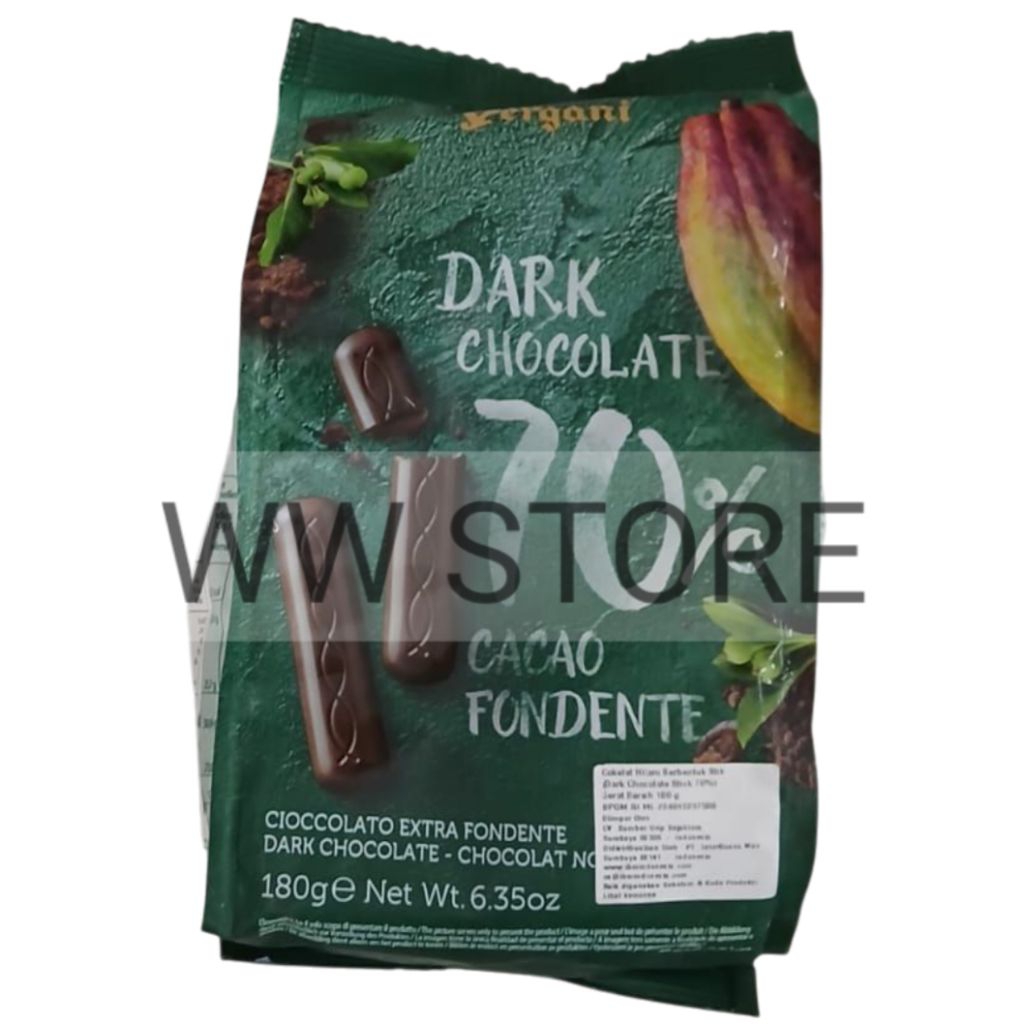 

Cemilan snek makanan ringan coklat cokelat hitam berbentuk stik Itali Italia Italy Vergani DARK CHOCOLATE 70% CACAO FONDENTE 180g