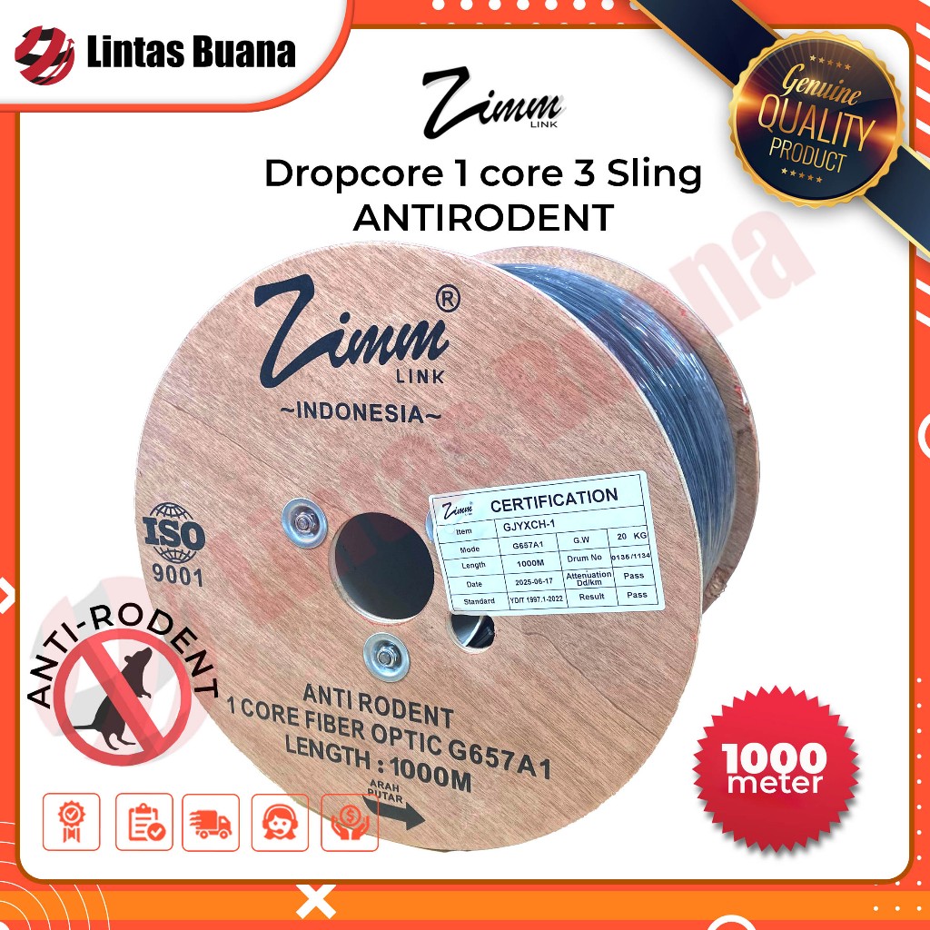 Kabel Dropcore 1 Core 1000 Meter ANTI RODENT Kabel Fiber Optik 1000m FTTH Zimmlink ANTIRODENT steel 