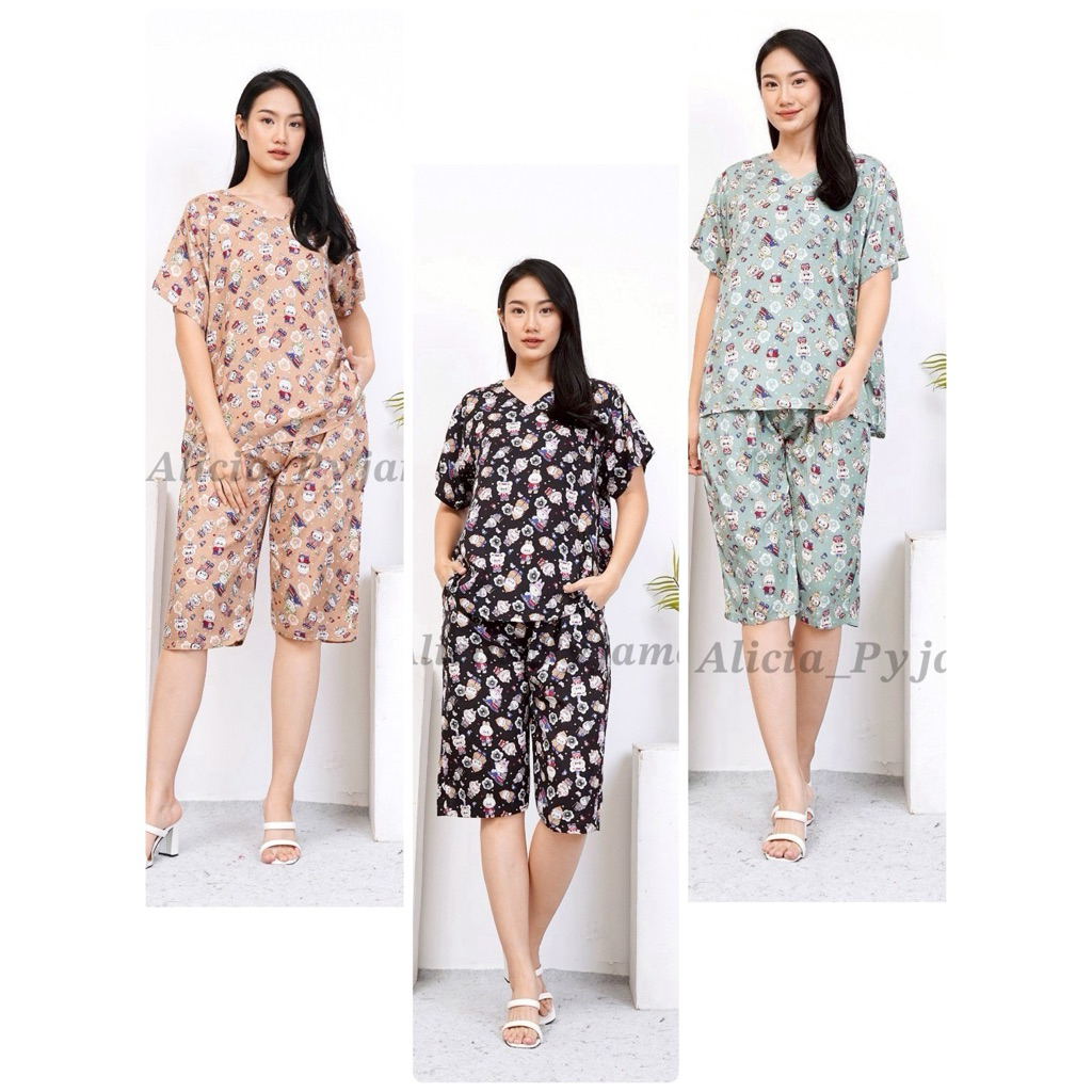 setelan Wanita Bahan katun Rayon Labubu Super Adem . baju lengan Pendek Celana 7/8