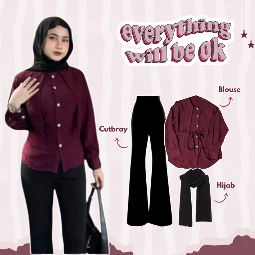 One Set Wanita Kekinian Korea Style ( Blouse Namira + Cutbray + Pashmina Jersey ) Ootd Hijab - KM045