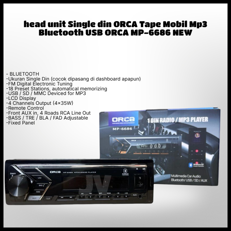 head unit Single din ORCA Tape Mobil Mp3 Bluetooth USB ORCA MP-6686 NEW