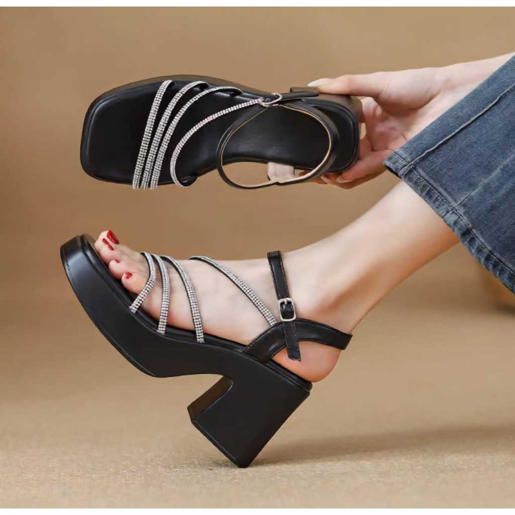 Bunga Sandal Heels Wanita Cewek Tali Permata Mewah Kekinian (717) Tinggi 8CM  | Warna Hitam & Putih