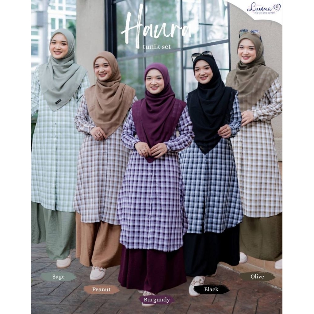 Haura Tunik Set by Luvena One Set Tunik Katun Premium Motif Kotak-kotak Rok Polo Linen Polos Terbaru