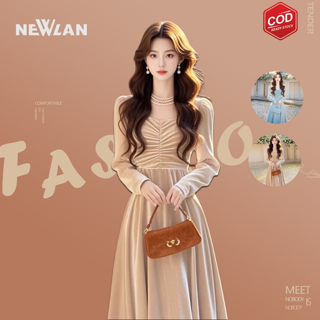 Newlan QZ253 Dress Early Autumn Fairy Dress Velvet Sweet Heart Neck Long Sleeve A line Gaun Lengan P