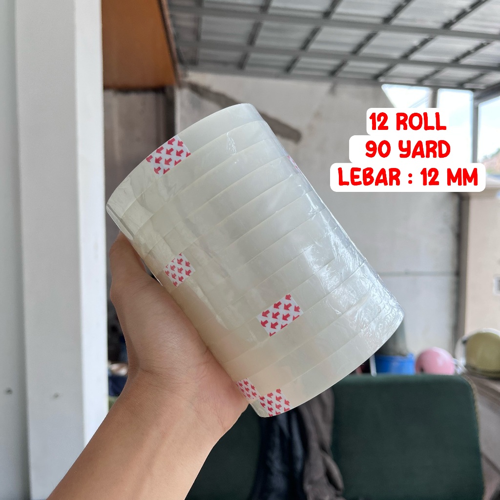

12 Roll Lakban Bening 12mm 90 Yard - Tape Perekat Serbaguna Grosir Paketori