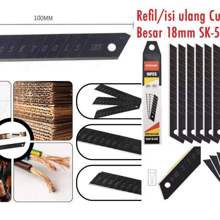 

ISI 10 PCS ISI CUTTER BESAR 18mm SK5 REFILL PISAU KATER BAJA HITAM LEBAR BAGUS MURAH