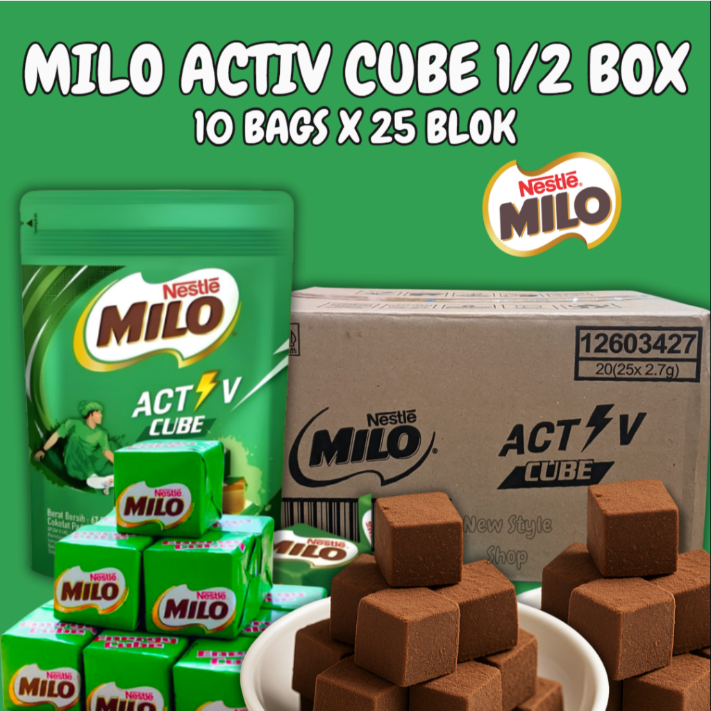 

MILO Activ Cube 1/2 BOX Isi 10Bags @ 67.5gr Snack Halal Nikmat / MILO CUBE Isi 10Bag x 25 Blok @ 2.7g / MILO ACTIV CUBE