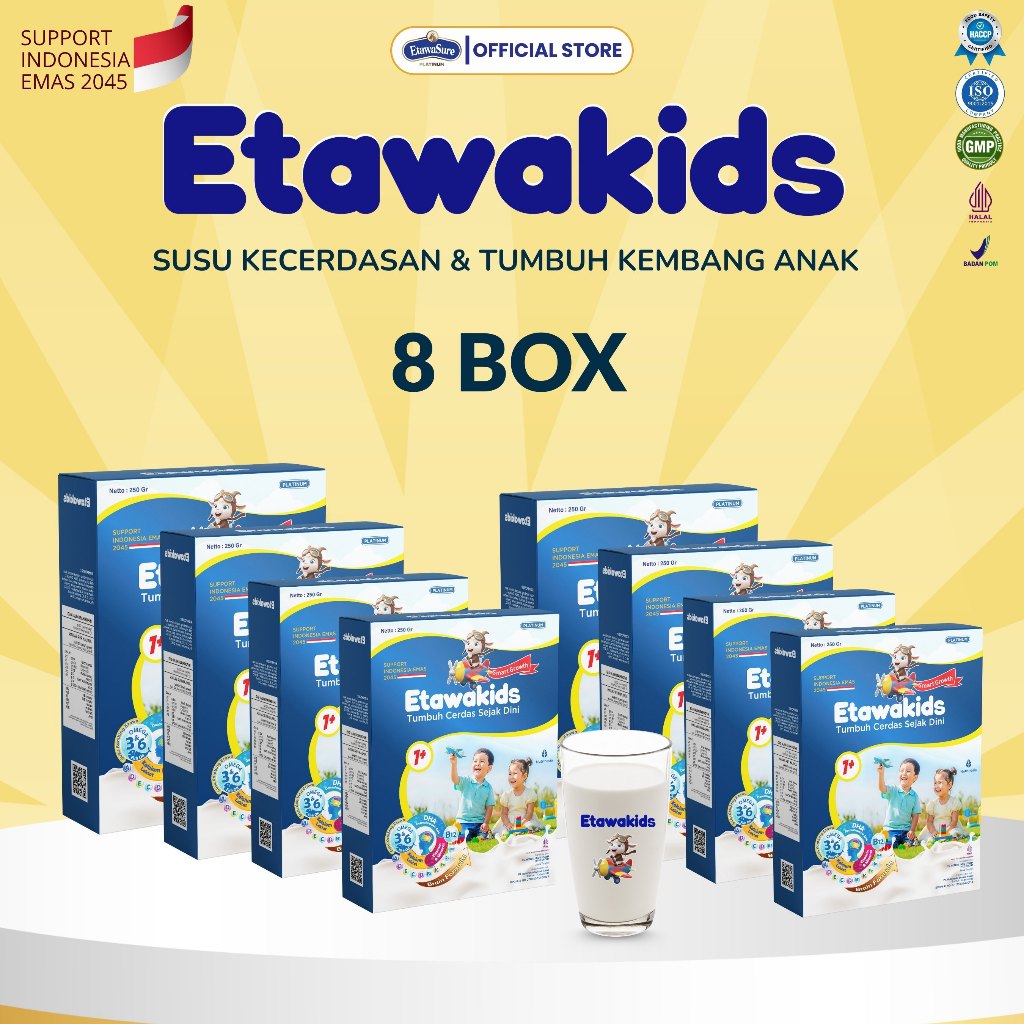 

Susu Etawakids Nutrisi Khusus Kecerdasan dan Tumbuh Kembang Anak Kemasan 250gram Paket 8 Box