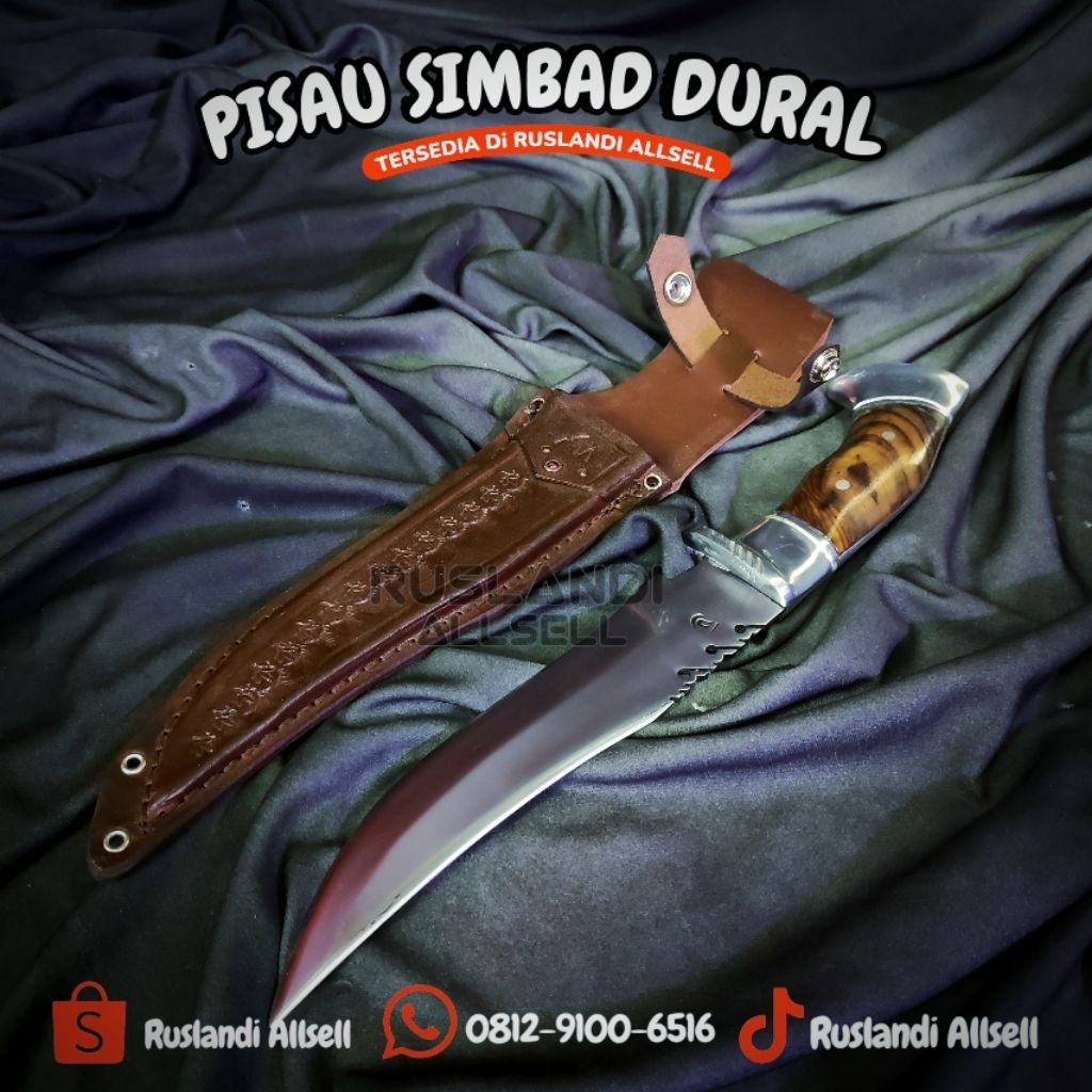 Pisau Simbad Dural Antik Tradisional Pisau Koleksi Unik Sarung Kulit Gagang Kayu Sonokeling