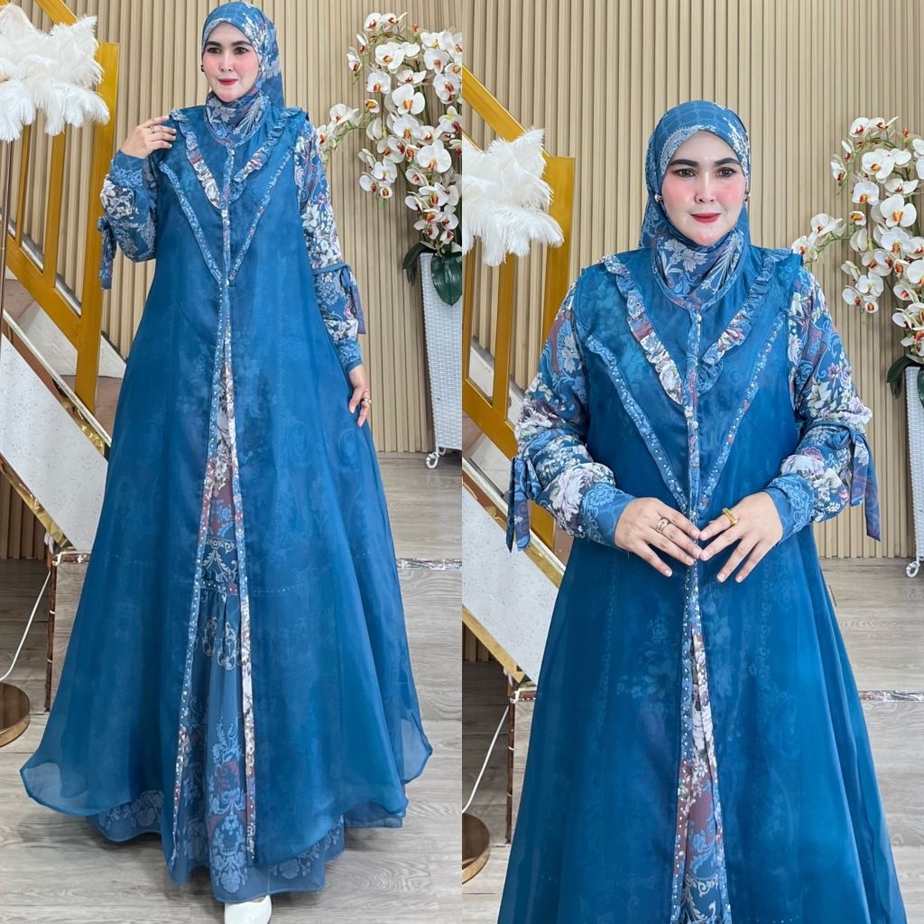 AMALIA SERIES BY HUMAIRA SYARI GAMIS CERUTY PREMIUM PRINTING OUTER CARDI ORGANZA SET SCARF