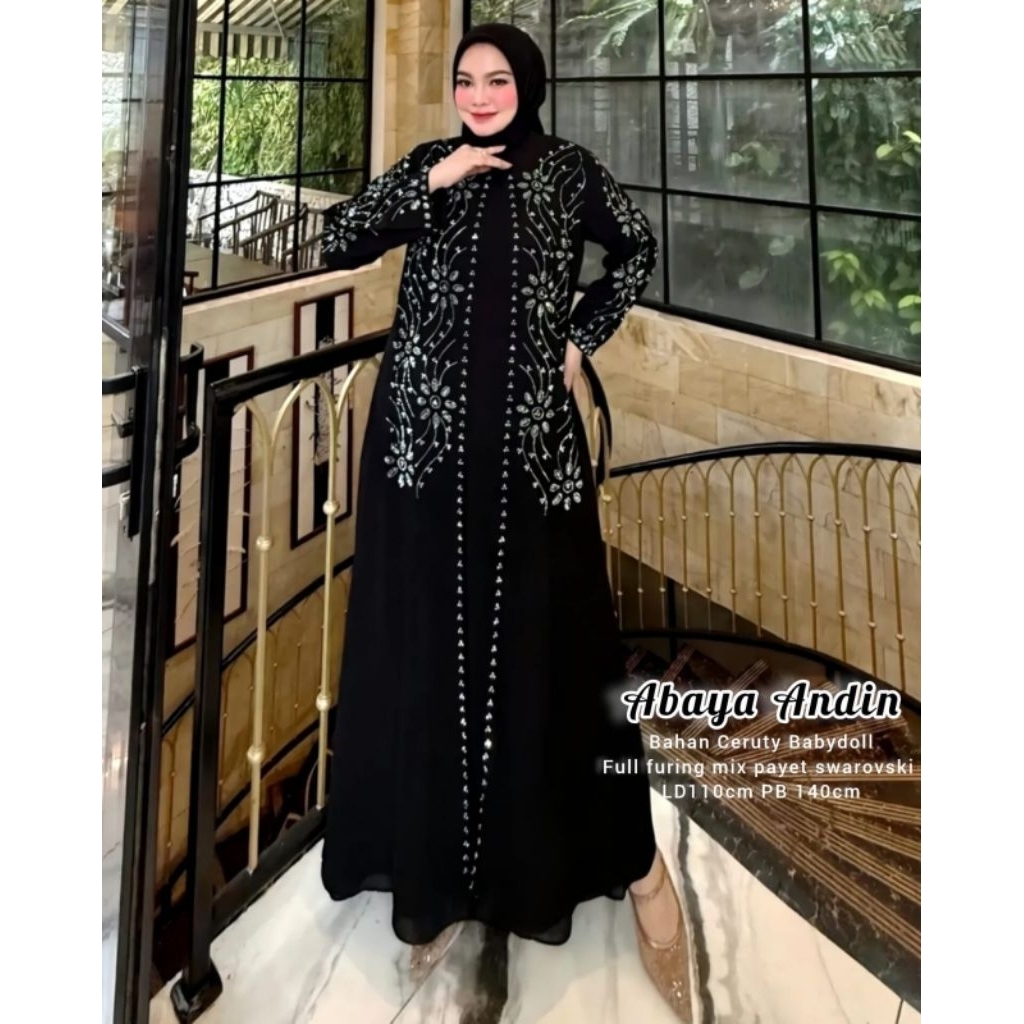Abaya andin swarovski kristal payet kekinian bahan ceruty