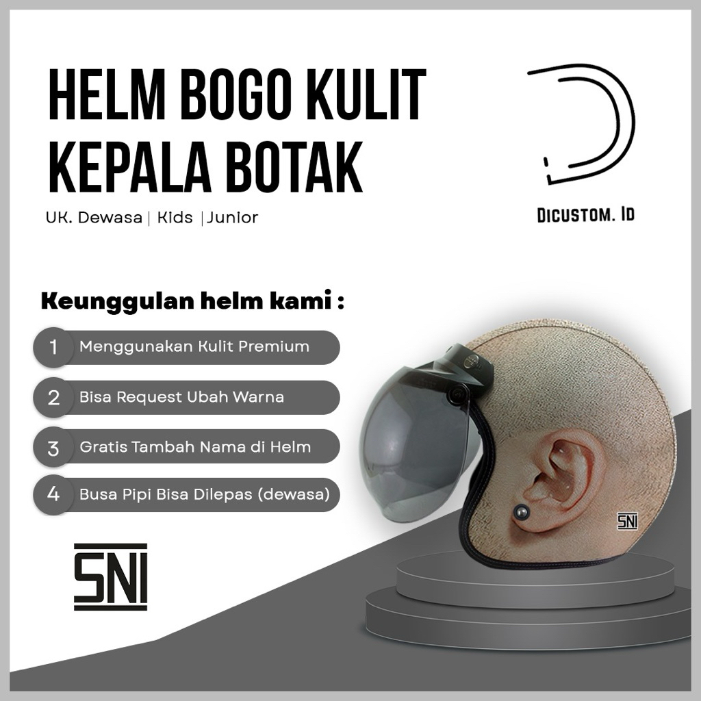 Helm Bogo Retro Kulit Kepala Botak Free Tambah Nama SNI | Helm Dewasa & Anak-Anak Premium DICUSTOM