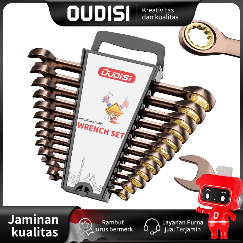 OUDISI Kunci Ring Pas Rachet Set 6-24mm Kombinasi Kunci Ratchet Set Kunci Ring Spanner Kombinasi