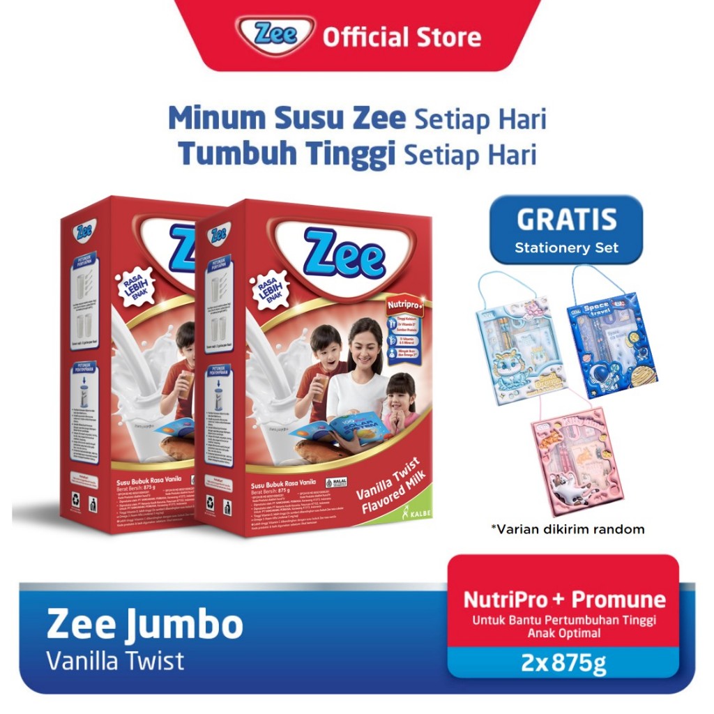 

[2 Pack] Zee Reguler Jumbo Vanilla Twist Milk 875gr Free Mini Stationary Set