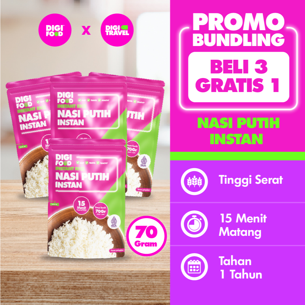 

DIGITRAVEL Nasi Putih Instan 70gr – Paket Hemat Beli 3 Gratis 1