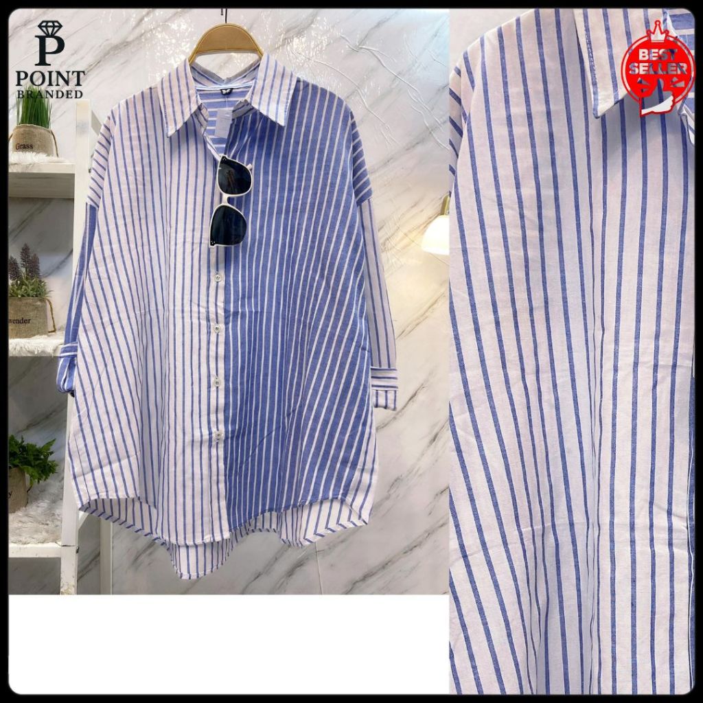 Kemeja Oversize Wanita Salur Import | Atasan Katun Premium Lengan Panjang LD 120 PB 78