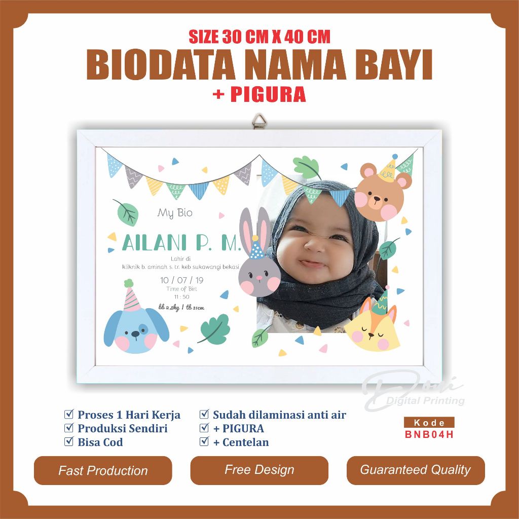 Biodata Kelahiran Bayi + Pigura Ukuran Jumbo 12 R 30 cm x 40 cm BNB04