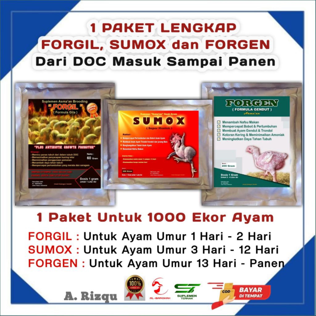 1 Paket Suplemen Vitamin Ayam Broiler Lengkap DOC sampai Panen (FORGIL + SUMOX + FORGEN)“Vitamin Aya