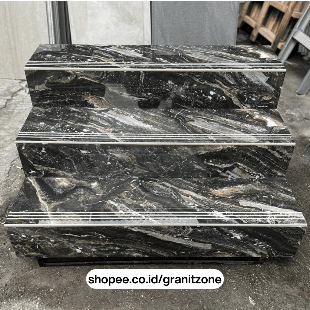 Granit Stepnosing Lantai Tangga 30x90 - 120cm | Hitam Marmer Glossy | ANTI SLIP | Premium