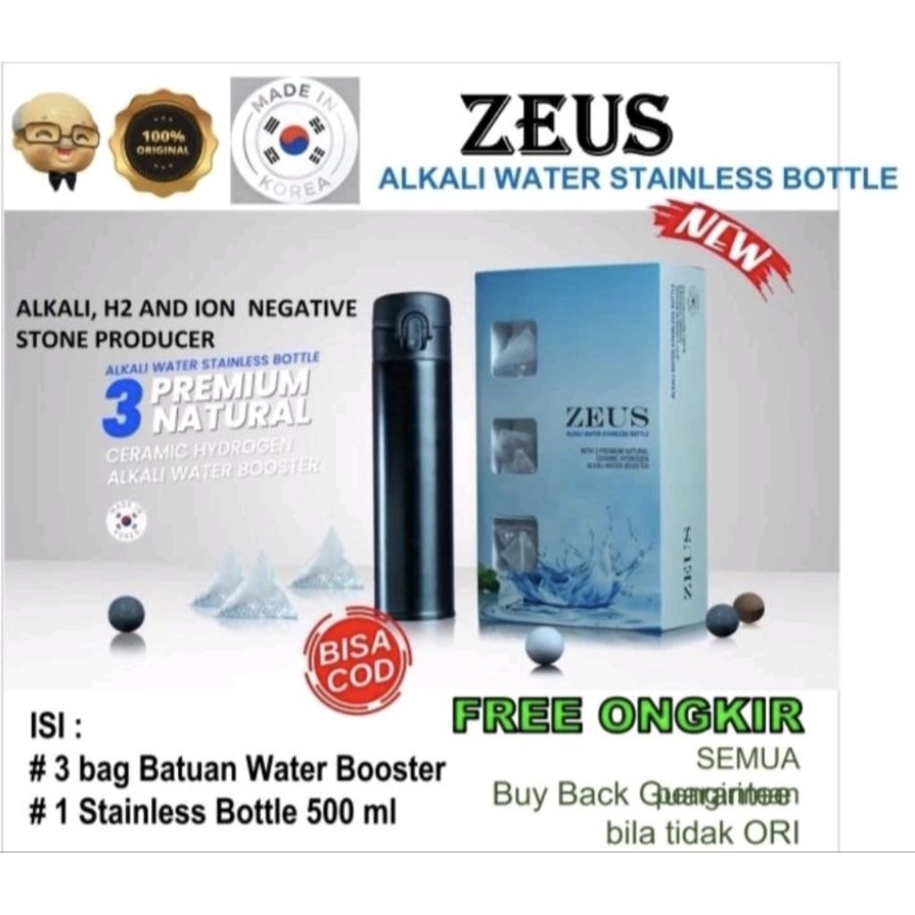 

GRANDPA Zeus Alkali Hydrogen Water isi 3 kantong Batuan Alami Korea free Botol Tumbler Stainless 500ml