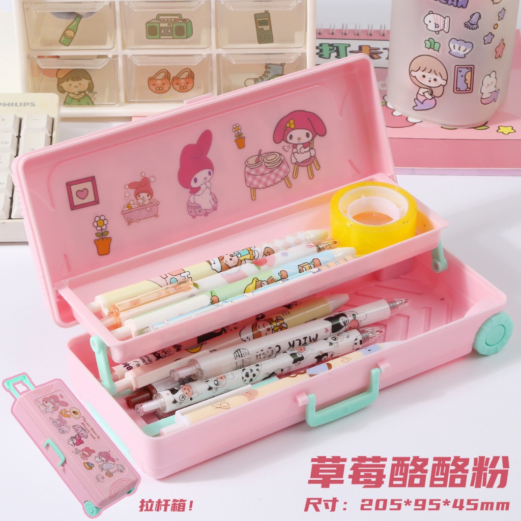 

Kiddypicks - Kotak Pensil Troli Koper Dua Tingkat Sanrio Cinnamoroll Biru Kuromi Ungu Melody Pink Bear Kuning Karakter Lucu Tempat Pensil Trolley Dua Lapis Roda Dengan Sticker Stiker