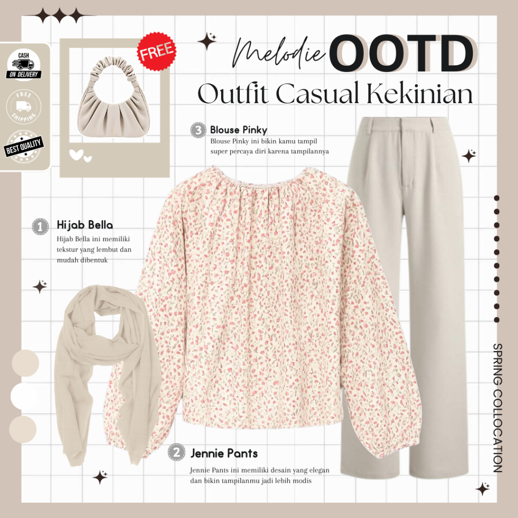 Outfit Hijab OOTD Kekinian Terbaru ( Hijab Bella+Blouse Pinky+Celana Knit) 1 Set OOTD Wanita - M0132