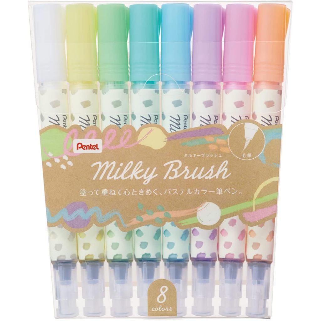 

Pentel Milky Brush Pastel Colored Brush Pen Set of 8 for Lettering Calligraphy GFH-P8ST