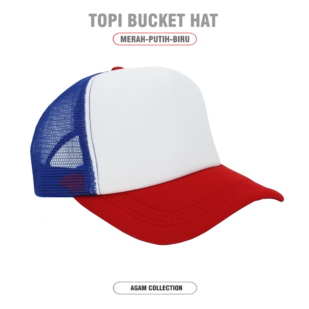 Agam Collection - Topi Trucker Polos Merah-Putih-Biru Topi Jaring Dewasa Unisex