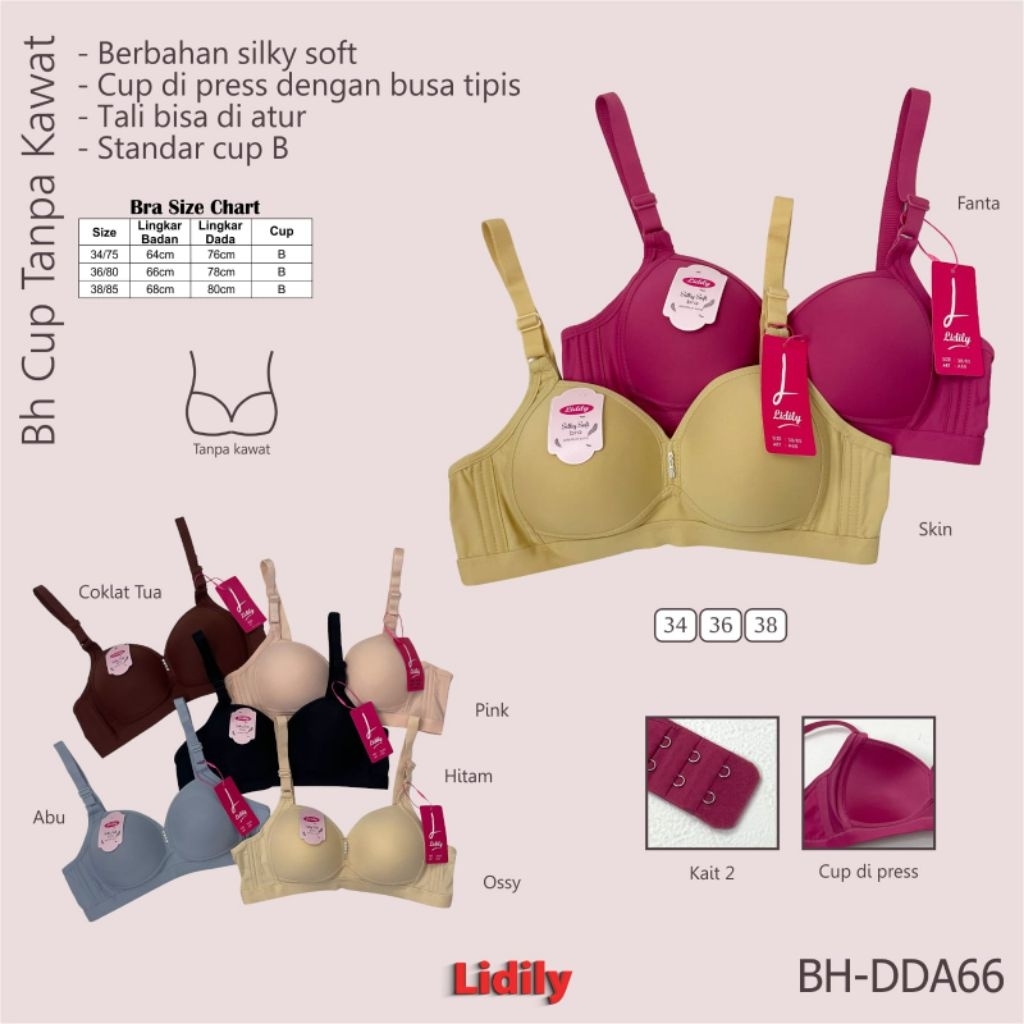 Bra Lydyly DD A66 Silky soft uk. 34-38 cup B tanpa kawat,busa sedang