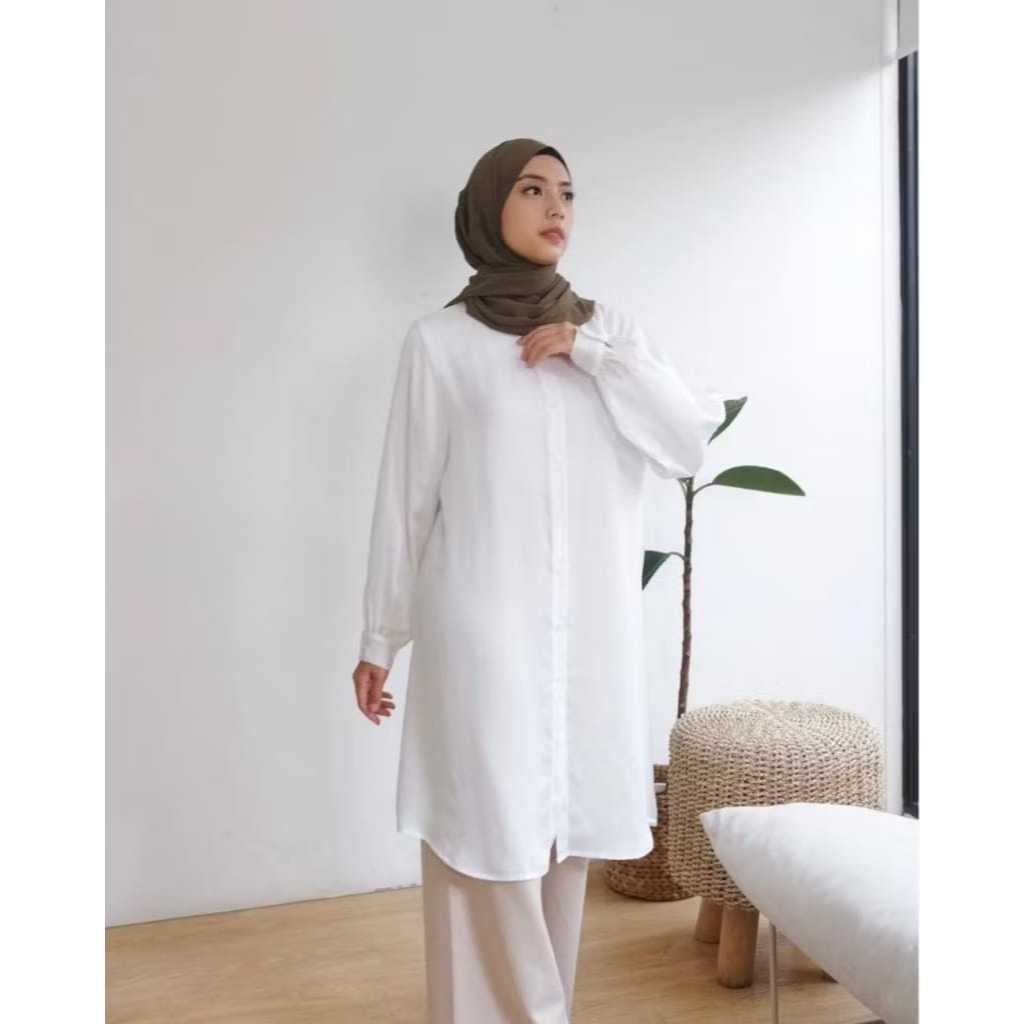 Kemeja Tunik Putih Wanita Terbaru Tunik Crinkle Polos Lengan Panjang Atasan Wanita Remaja Dewasa Sim