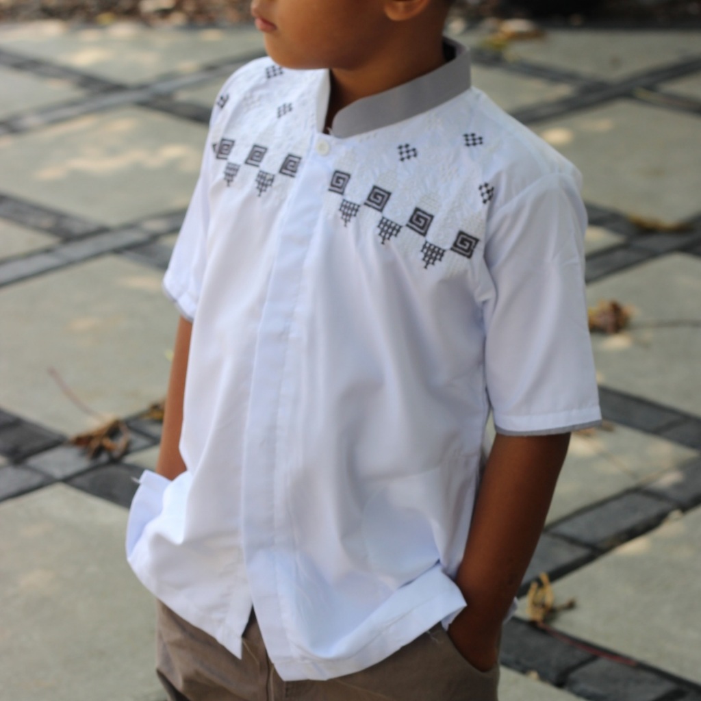 Abdillah - Koko putih anak laki-laki bordir lengan pendek (grosir)