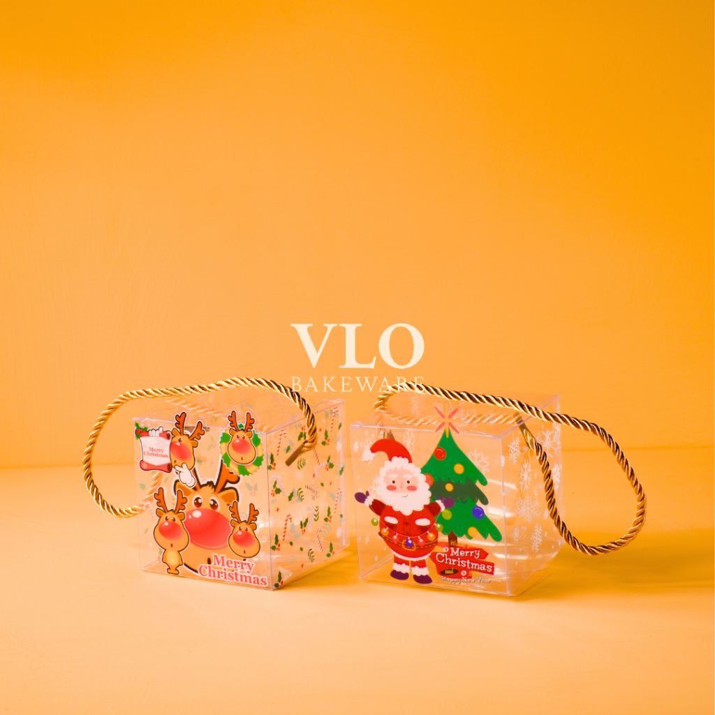 

Kotak kue mika natal persegi 9 cm handle tali | box kue natal transparan premium